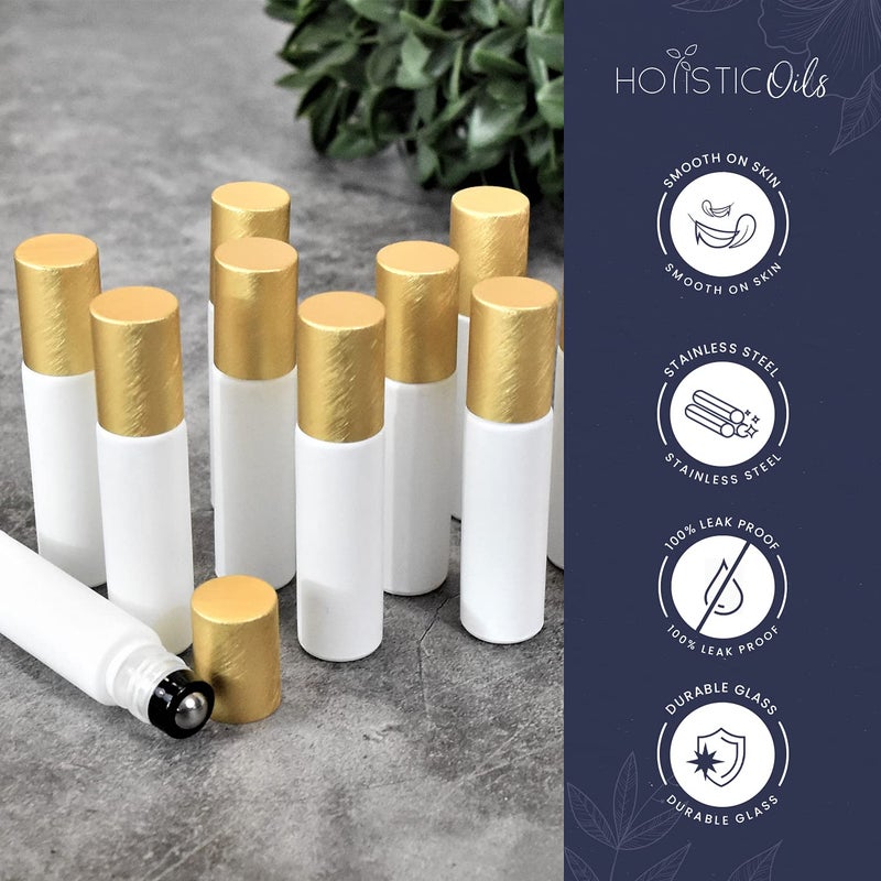 holistic oils 12-Pack 10ml White Glass Roller Bottles with Brushed Gold Leakproof Caps â€“ Refillable Roll-On Bottles with Updated Roller Insert for Essential Oils, Serums, Perfumes, and DIY Aromatherapy - Image 5